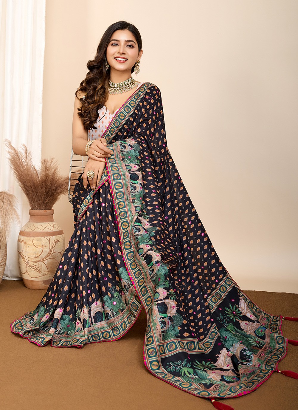 Digital Print Cotton Black Saree S14162