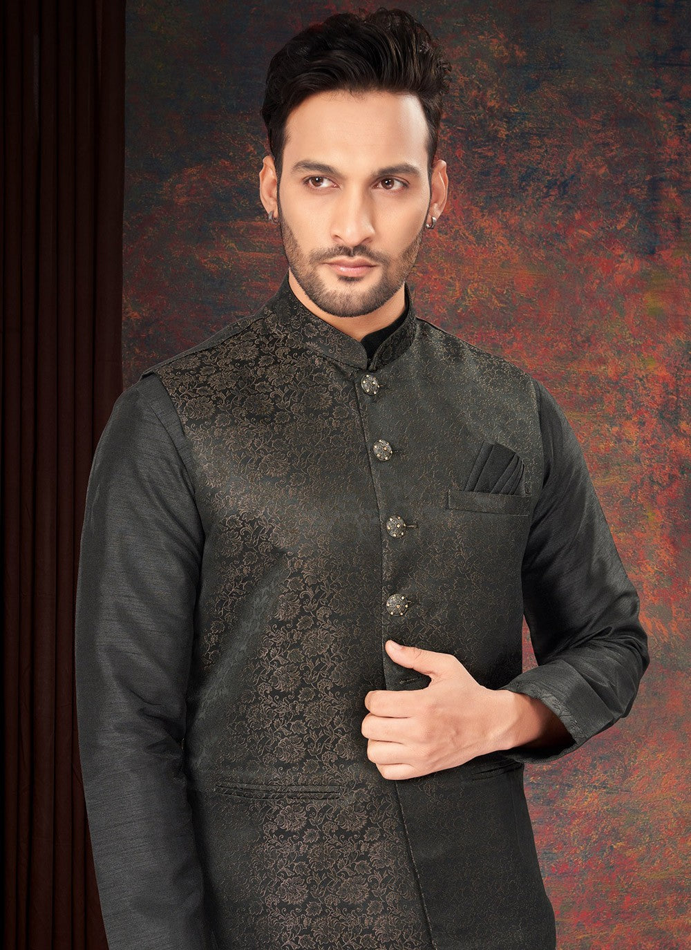 Digital Print Jacquard Black Kurta Payjama With Jacket - M7177