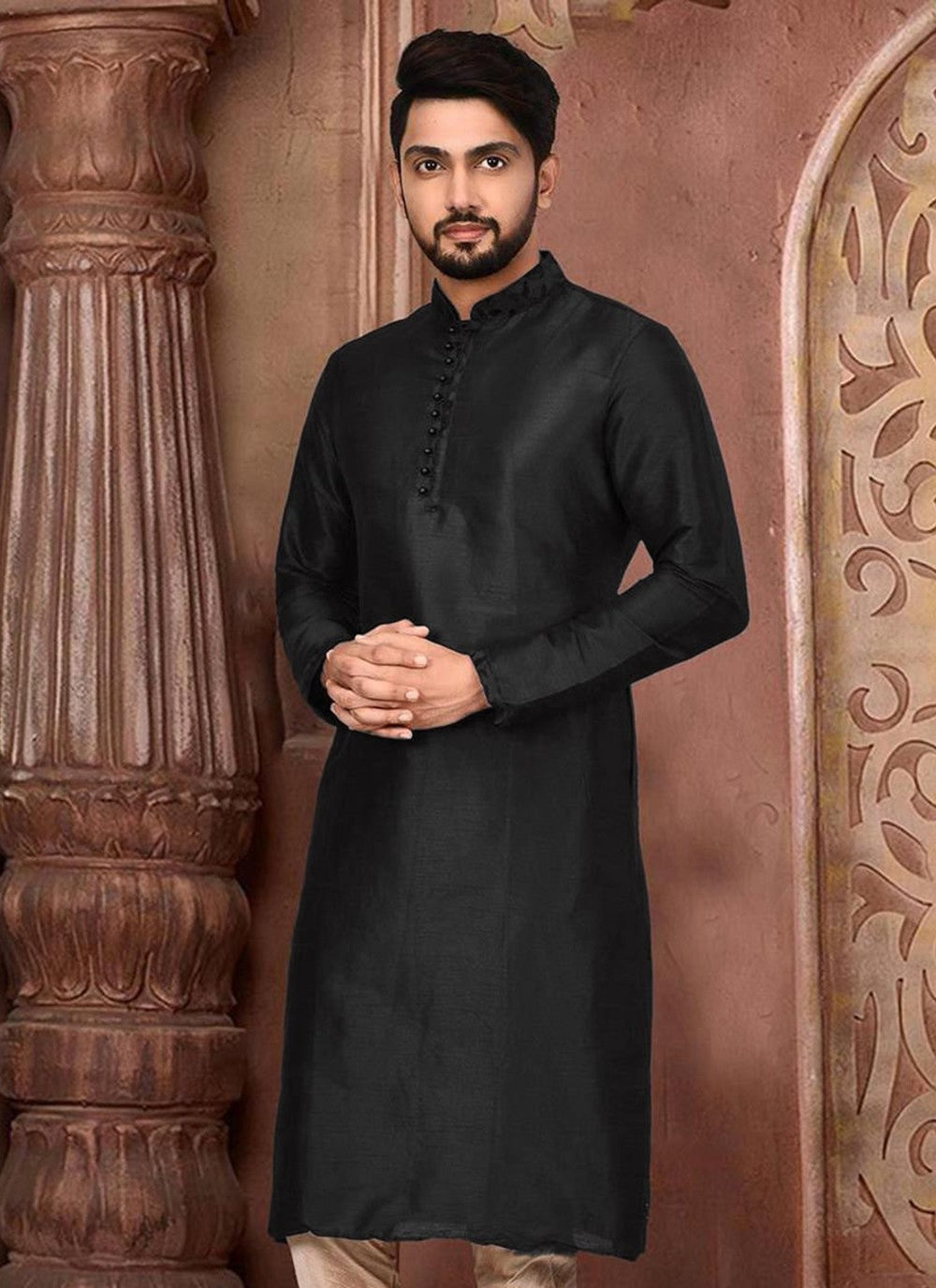 Embroidered Dupion Silk Black Kurta - M2299
