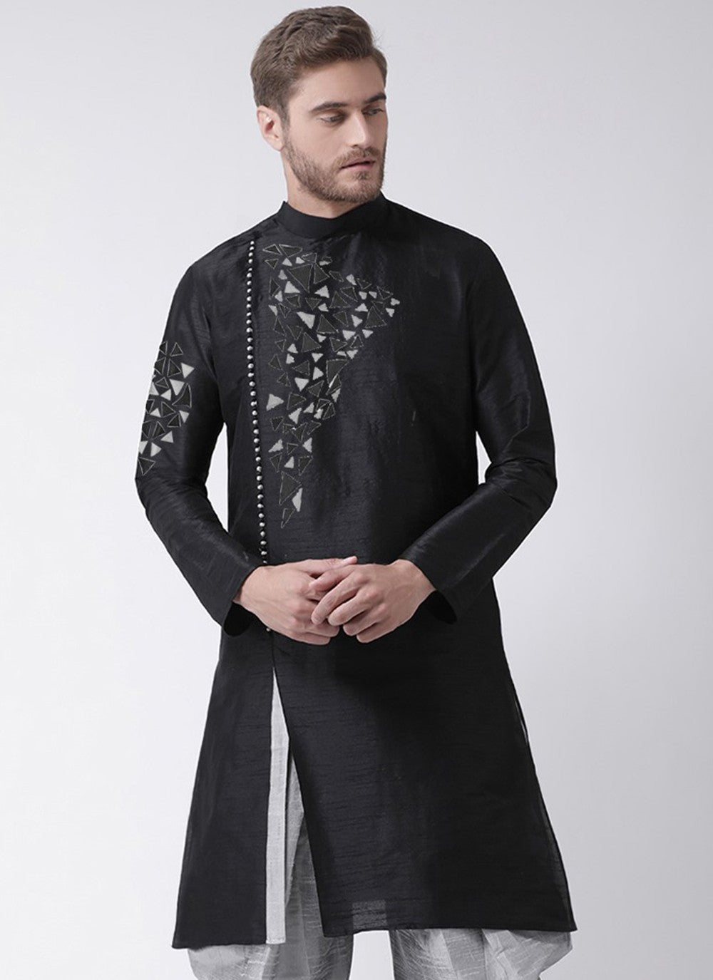 Embroidered Dupion Silk Black Kurta - M2091