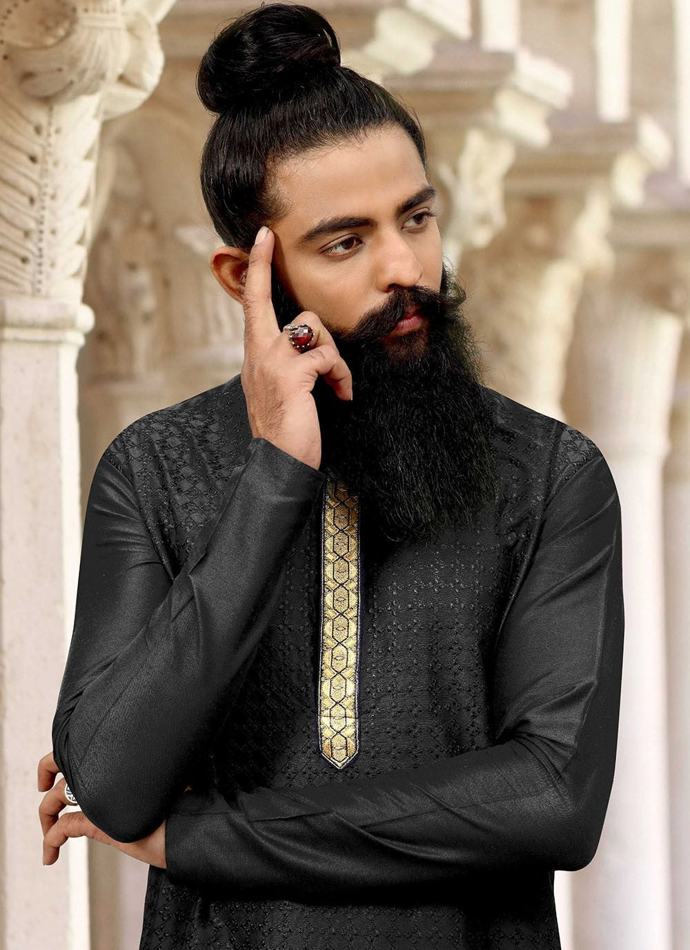 Embroidered Dupion Silk Black Kurta Pyjama - M2533