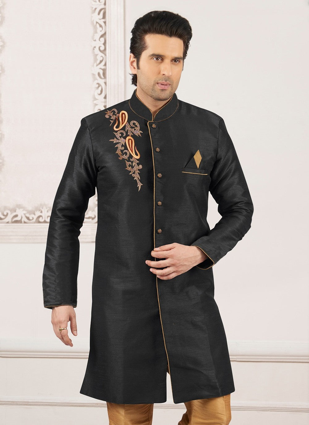 Embroidered Dupion Silk Black Kurta - M6300