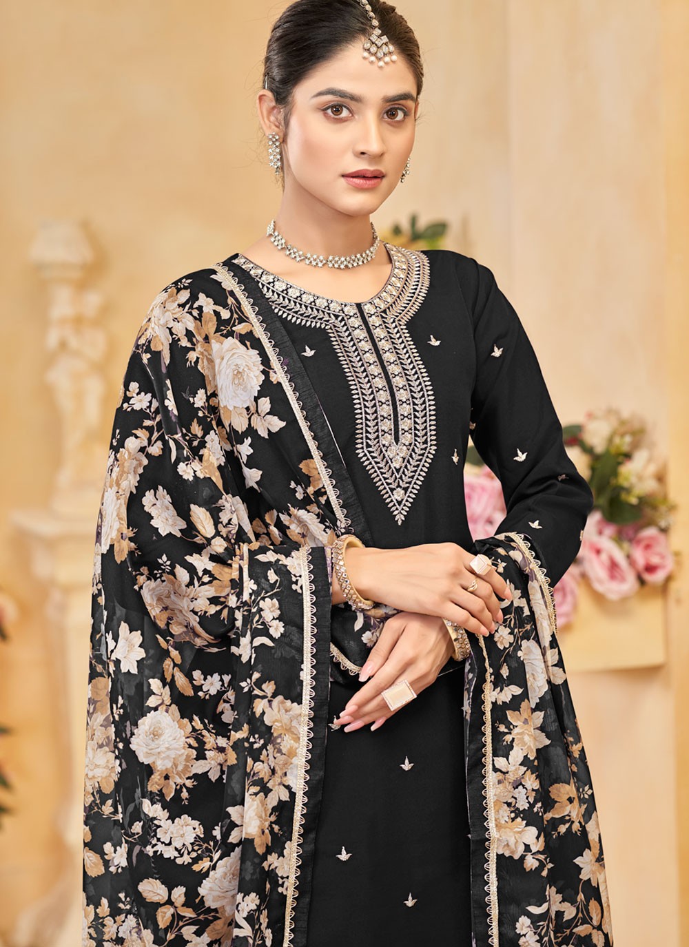 Embroidered Silk Black Salwar Suit T6001