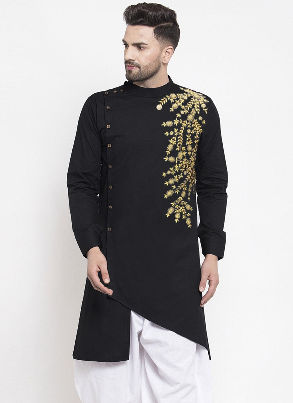 Embroidered Blended Cotton Black Kurta - M6165