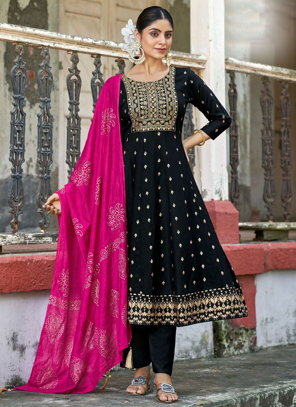 Anarkali Embroidered Black Rayon T5633