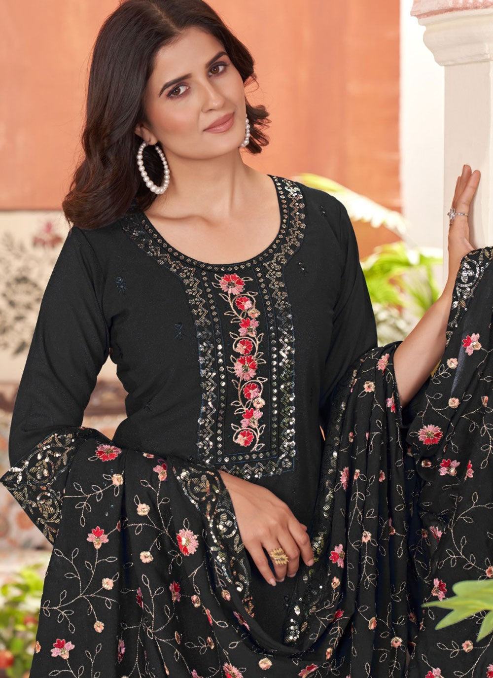 Salwar Suit Embroidered Black Georgette T5364