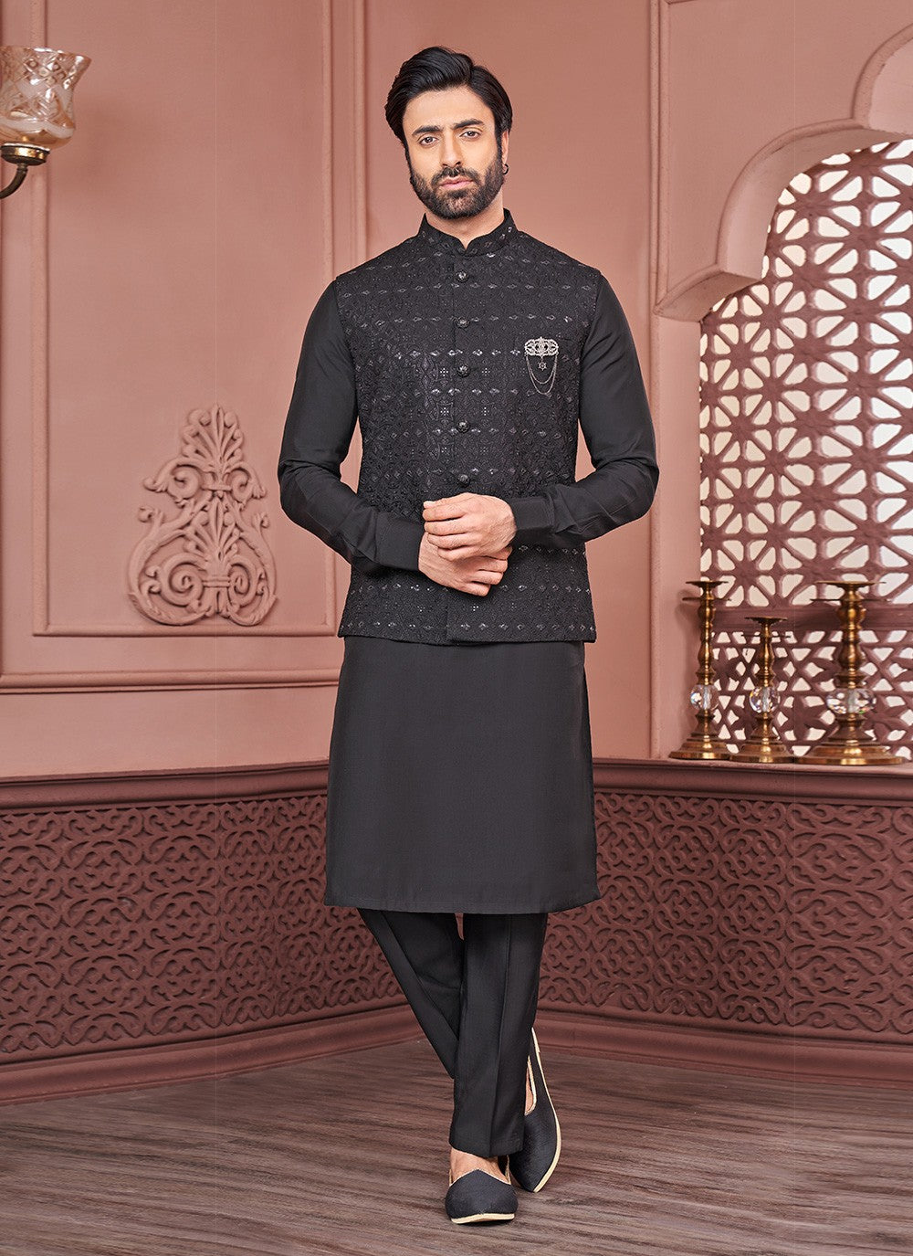 Embroidered Banarasi Silk Black Kurta Payjama With Jacket - M6339