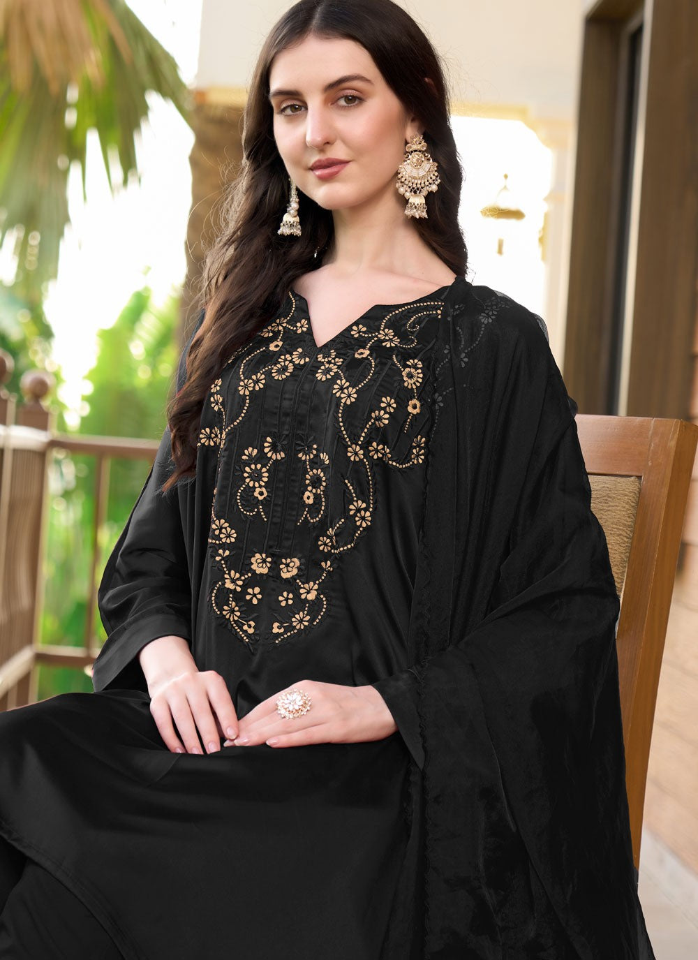 Salwar Suit Embroidered Black Satin T5330