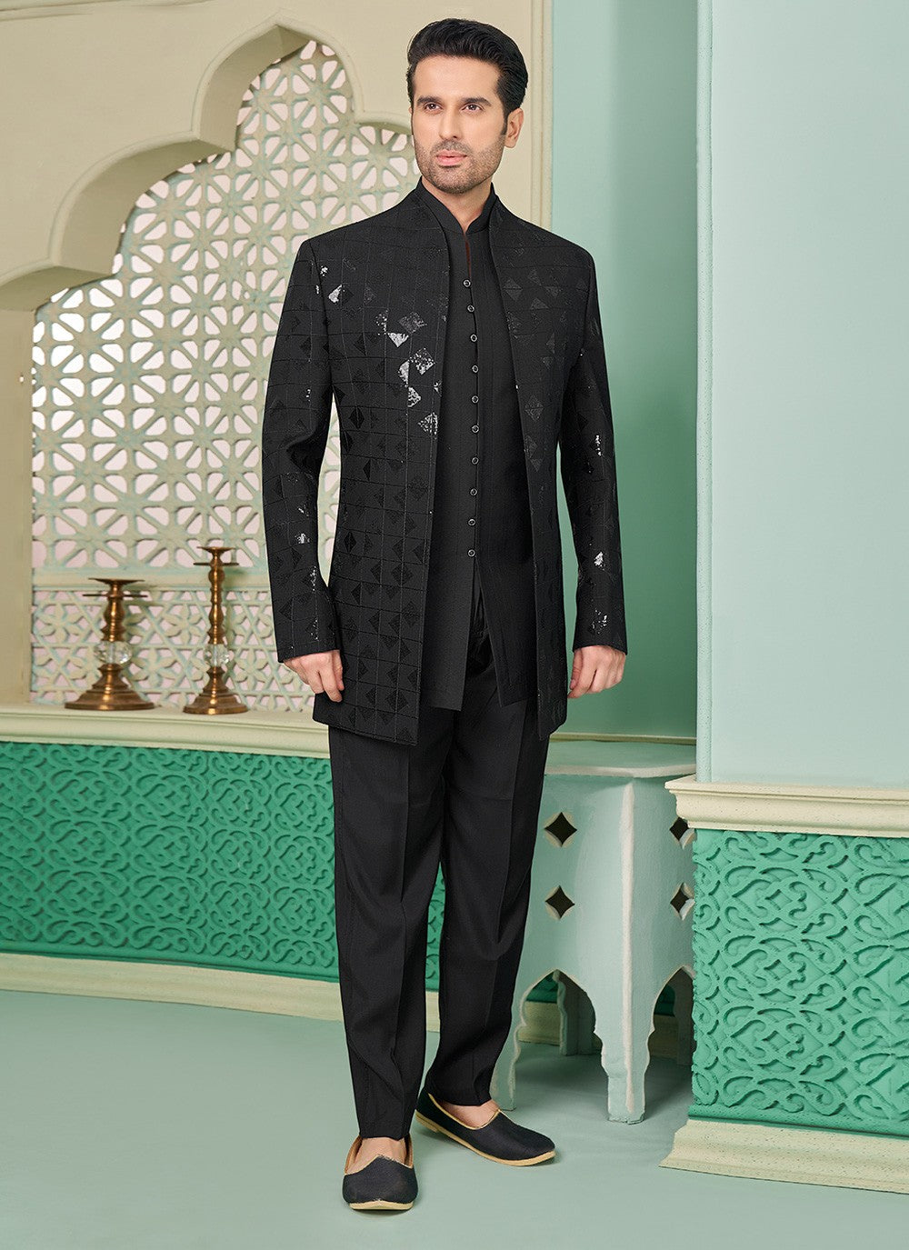 Embroidered Banarasi Silk Black Indo Western - M7290
