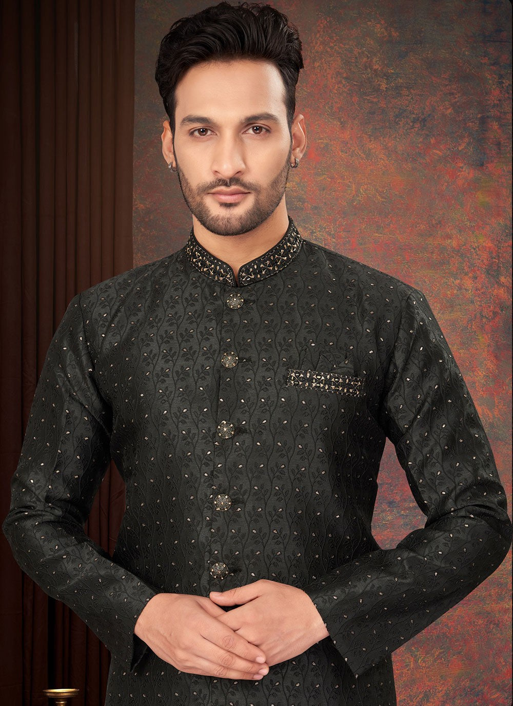 Fancy Work Jacquard Black Indo Western - M7211