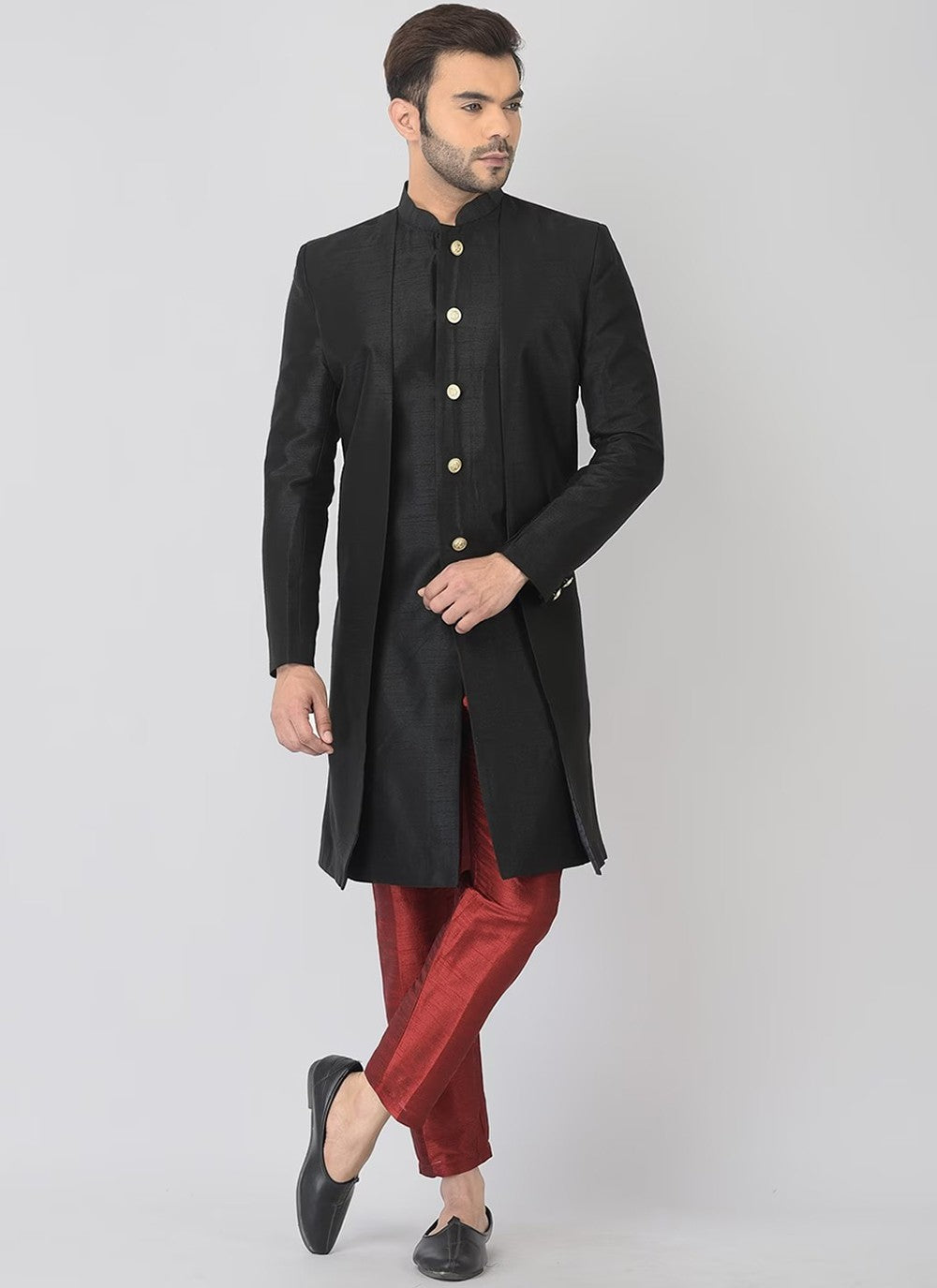 Plain Dupion Silk Black Indo Western - M6283