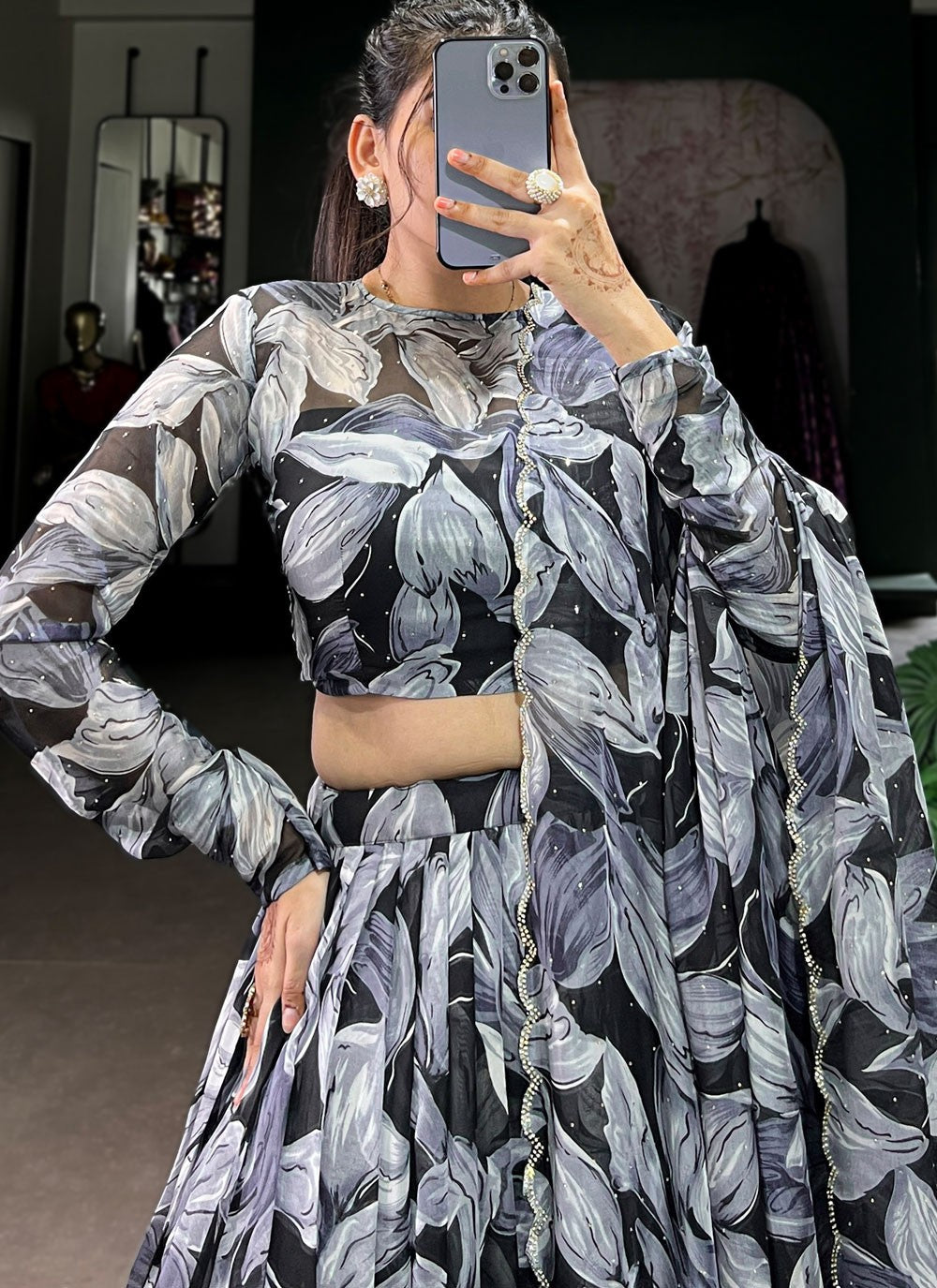 Foliage Prints Silk Black Lehenga - L3388