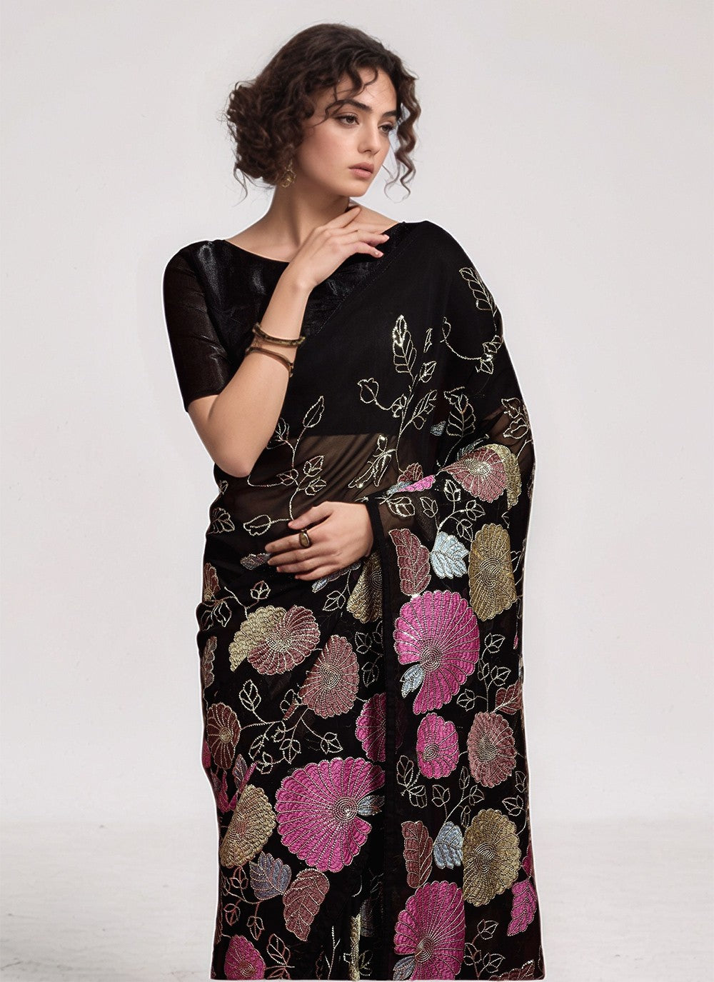 Black Georgette Trendy Saree Embroidered, Sequins, Thread S15798