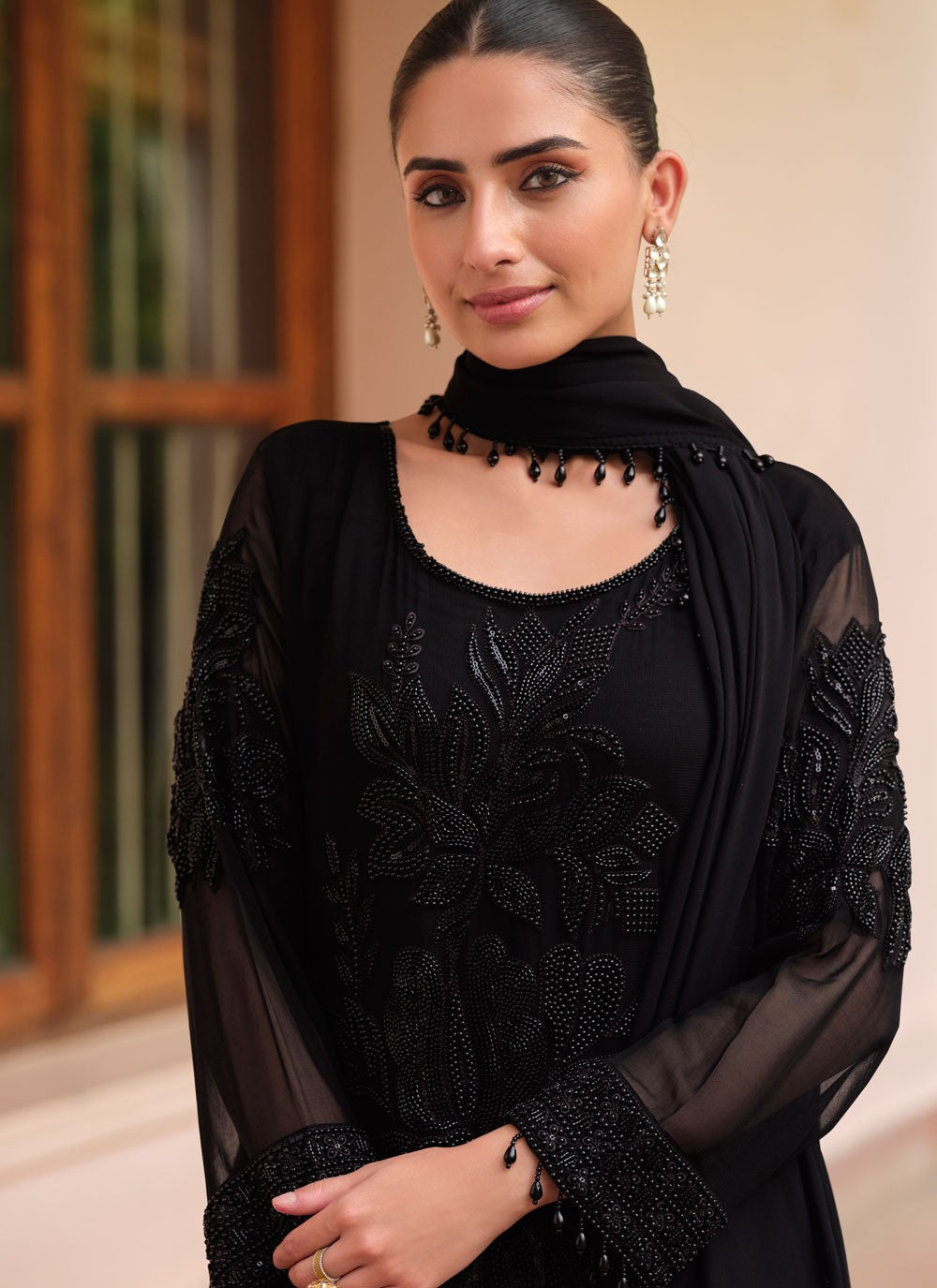 Pant Style Suit Embroidered Black T8927