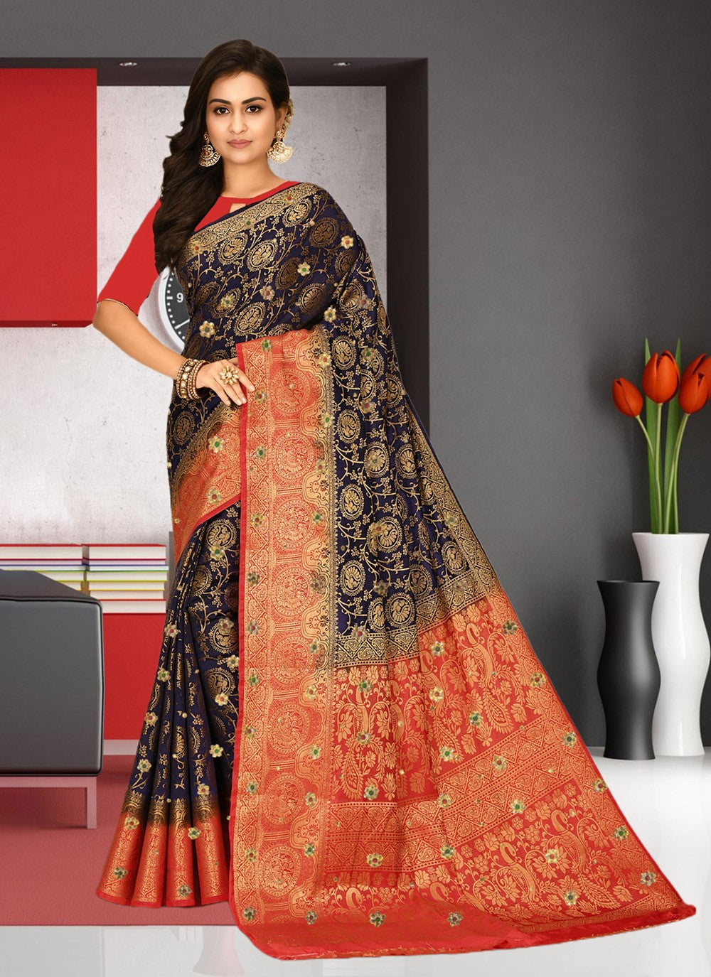 Hand Embroidery Kanjivaram Silk Black Saree S13771