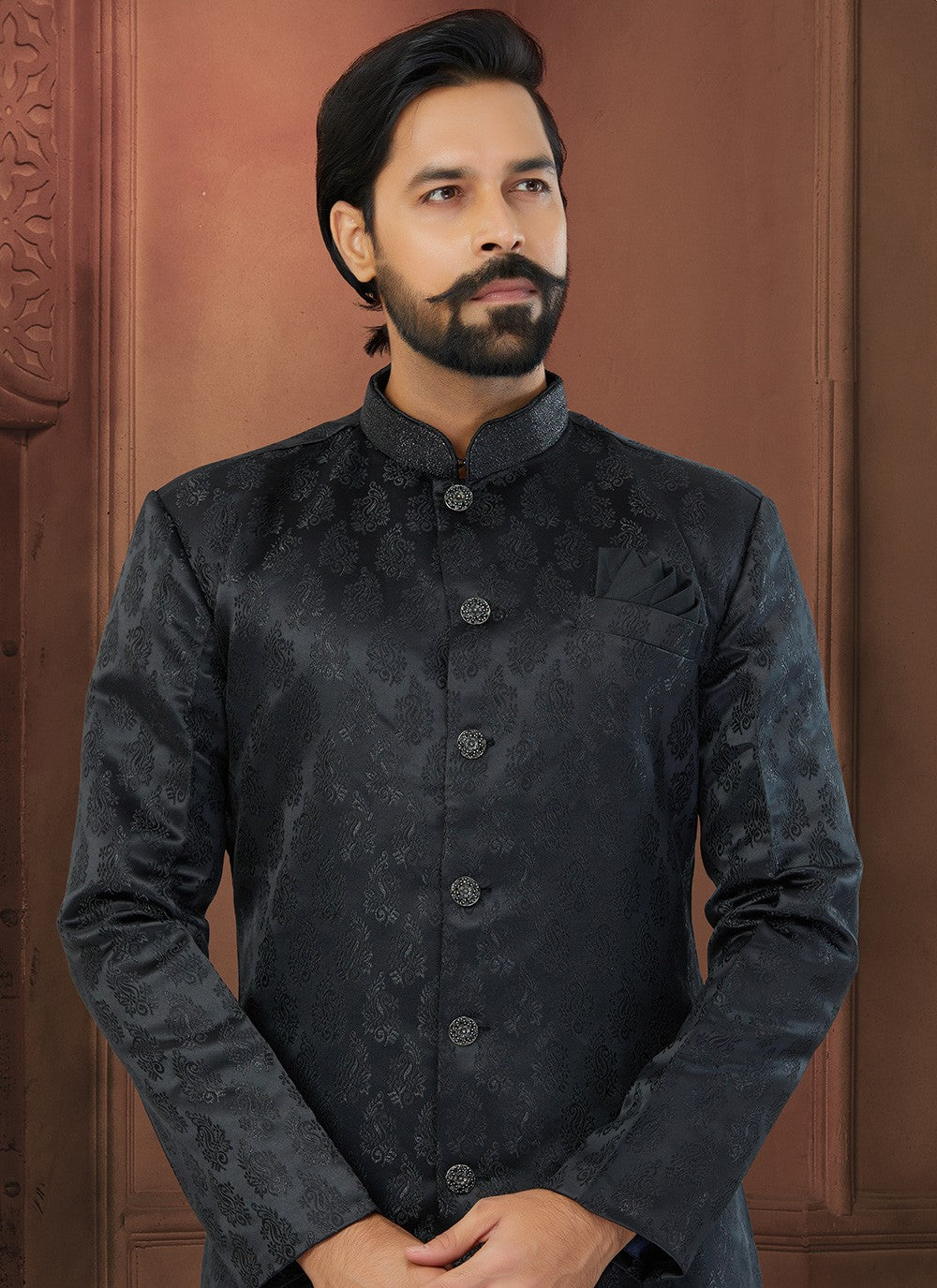 Fancy Work Jacquard Black Indo Western Sherwani - M5807