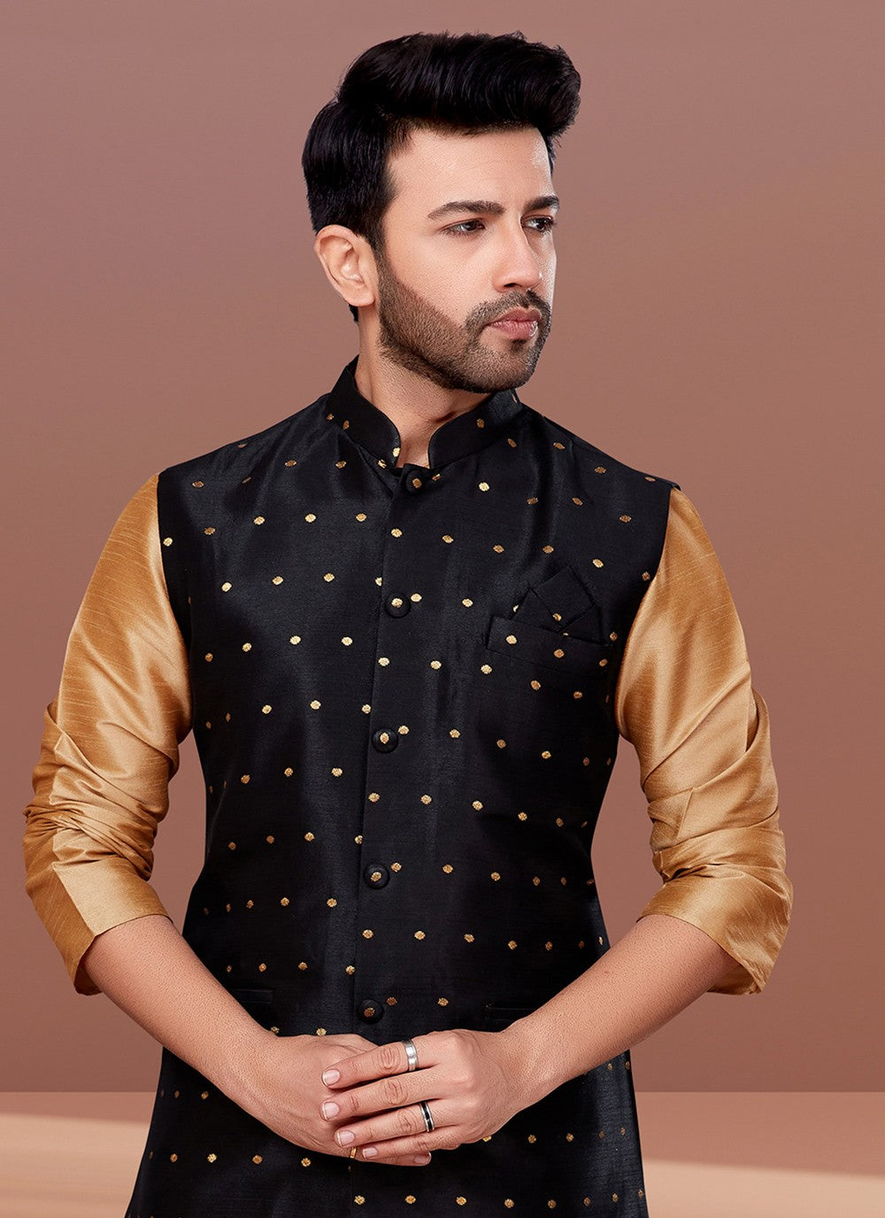Jacquard Work Jacquard Silk Black Nehru Jackets - M7371