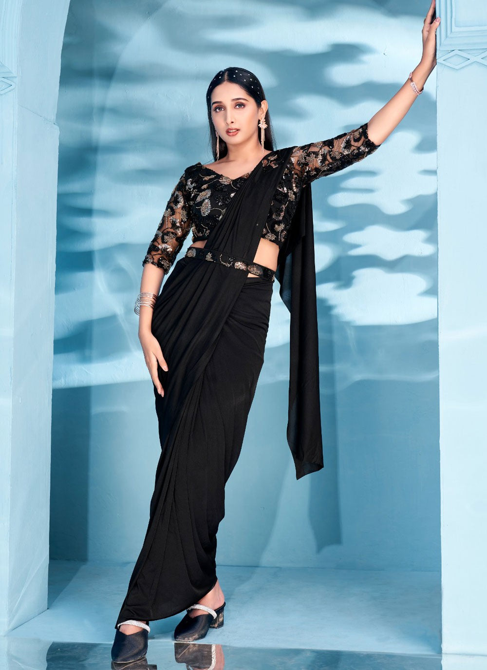 Classic Saree Plain Black Lycra S12876