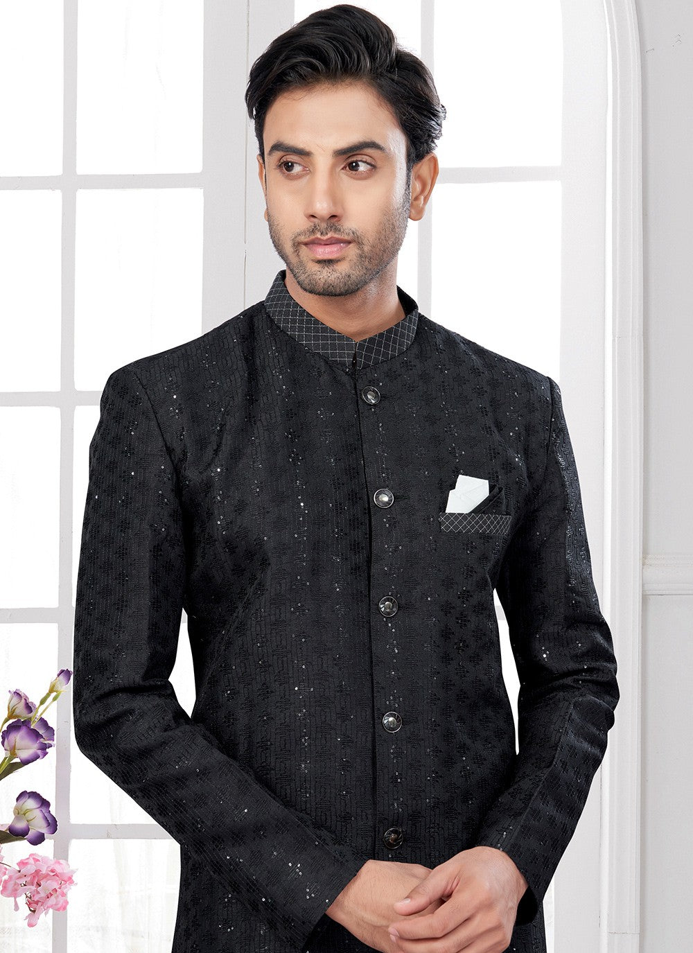 Machine Embroidery Silk Black Indo Western - M8656