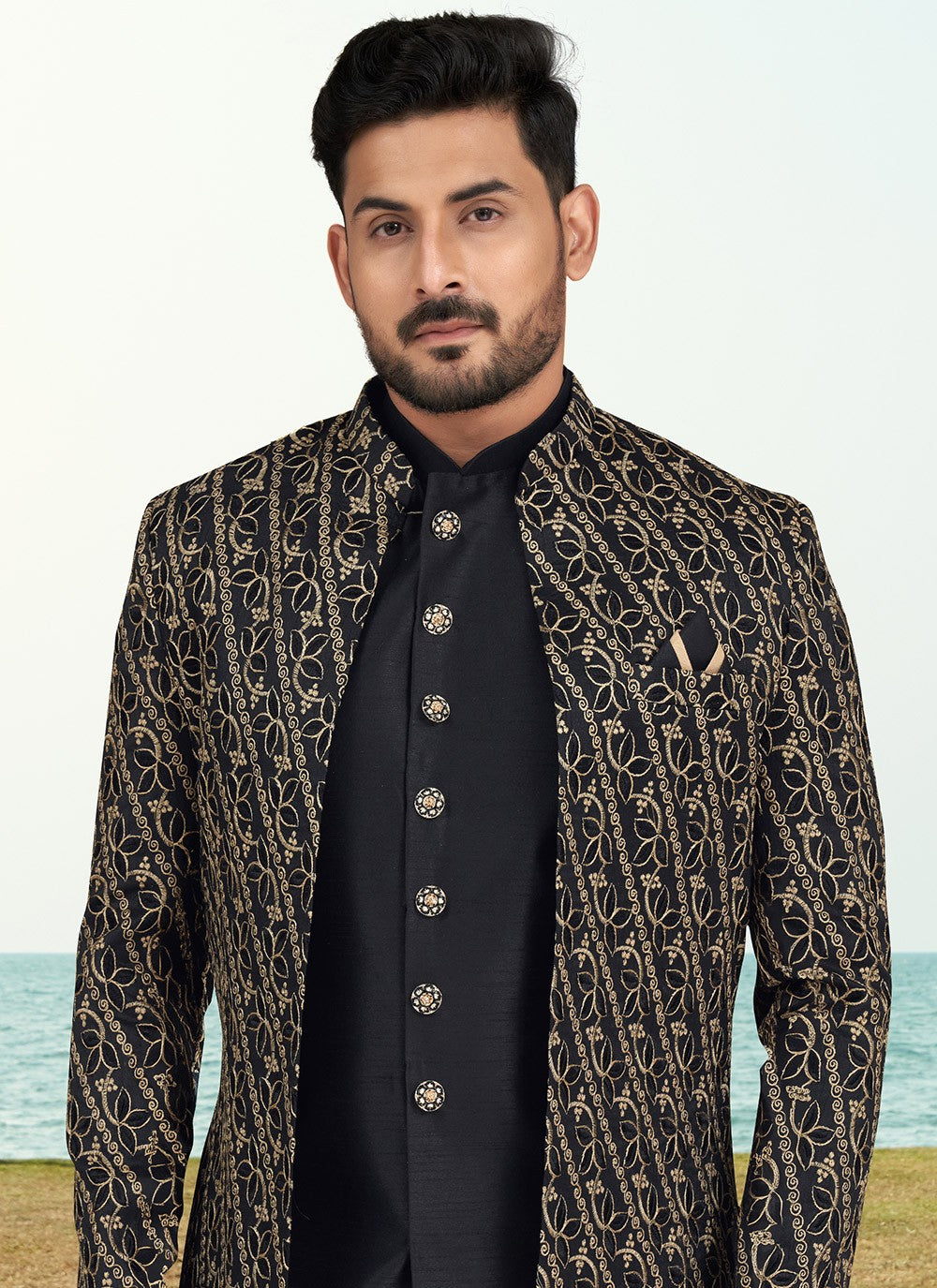 Machine Embroidery Banarasi Silk Black Sherwani - M6767