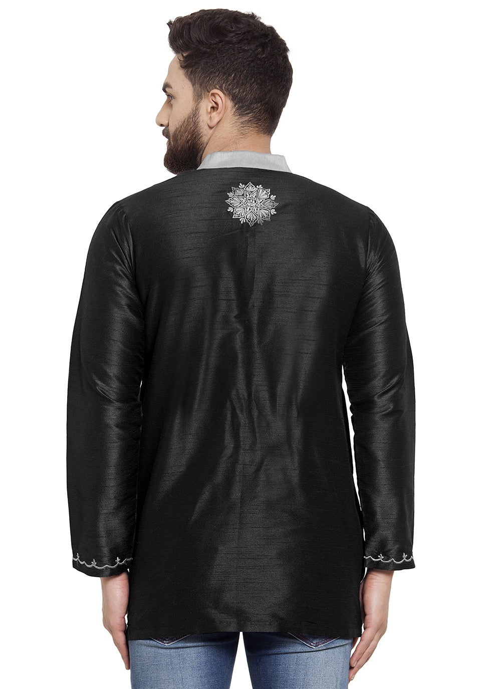 Machine Embroidery Dupion Silk Black Short Kurta - M5716