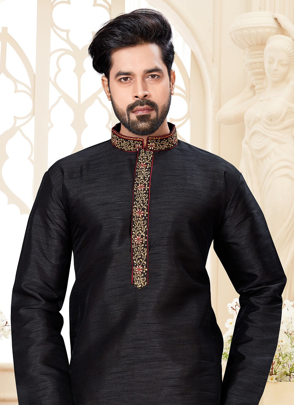 Embroidered Dupion Silk Black Kurta - M5587