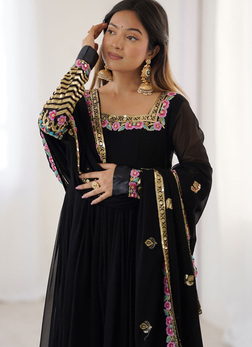 Anarkali Embroidered, Multi Work, Sequins, Thread Black T8309