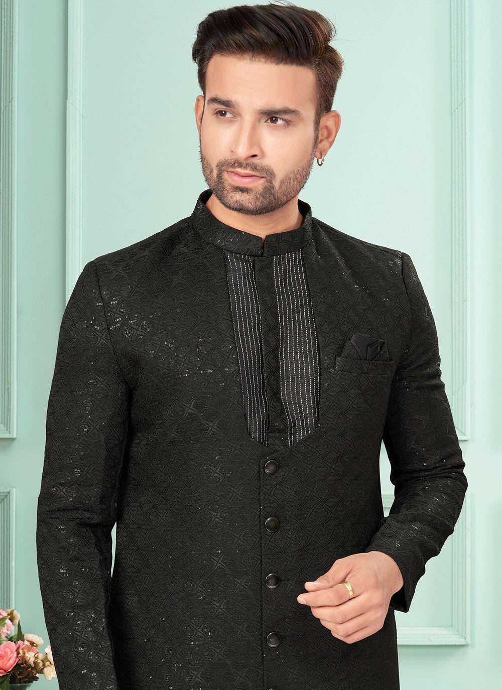 Embroidered Jacquard Black Indo Western - M7275