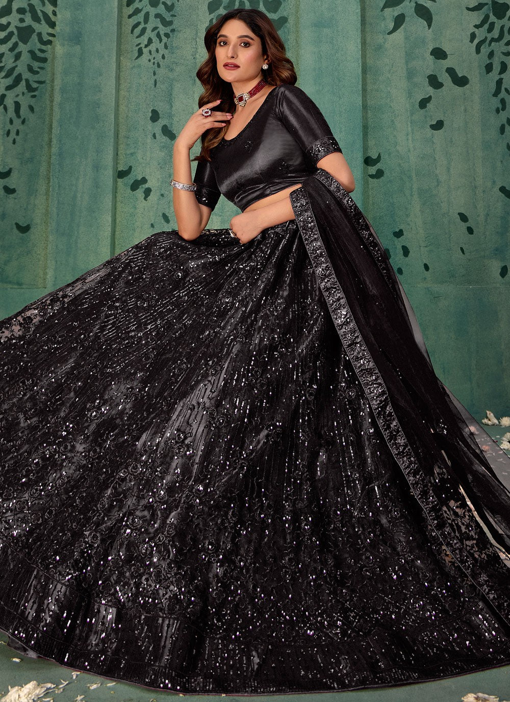 Embroidered Net Black Lehenga - L3289