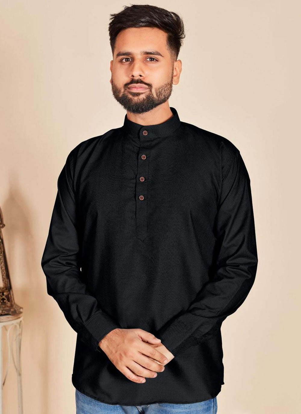 Plain Cotton Black Short Kurta - M6789