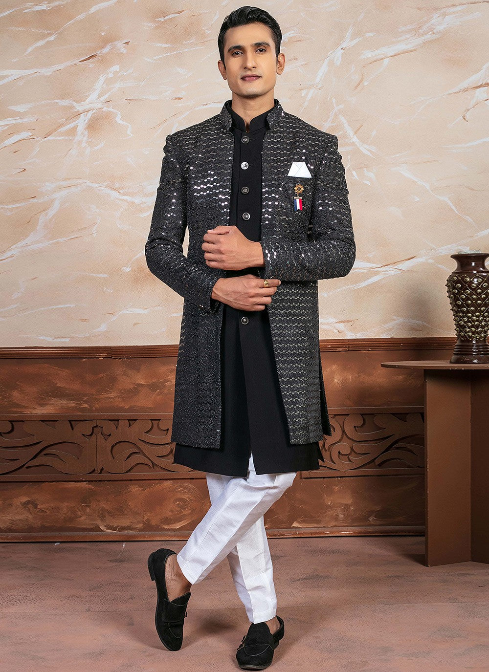 Sequins Rayon Black Sherwani - M8314