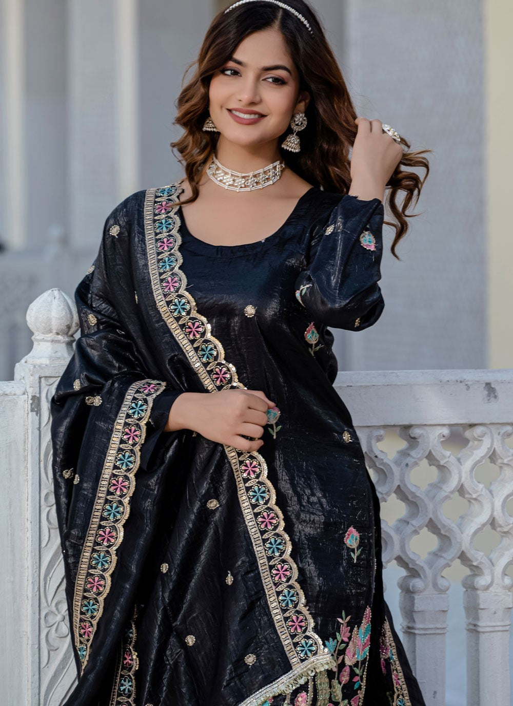 Sharara Suit Embroidered, Sequins Black T7701