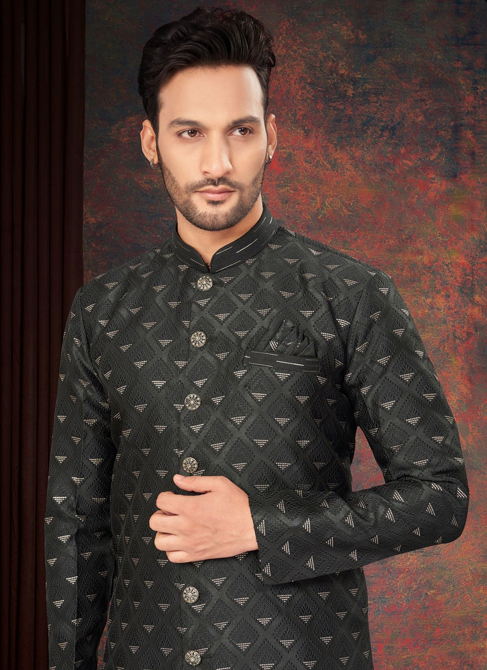 Fancy Work Jacquard Black Indo Western - M7210