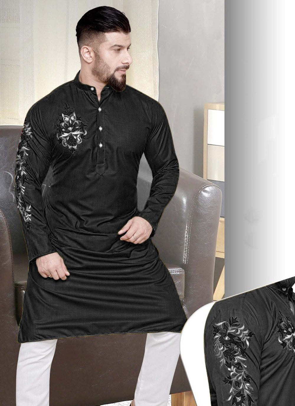 Resham Cotton Black Kurta - M2244