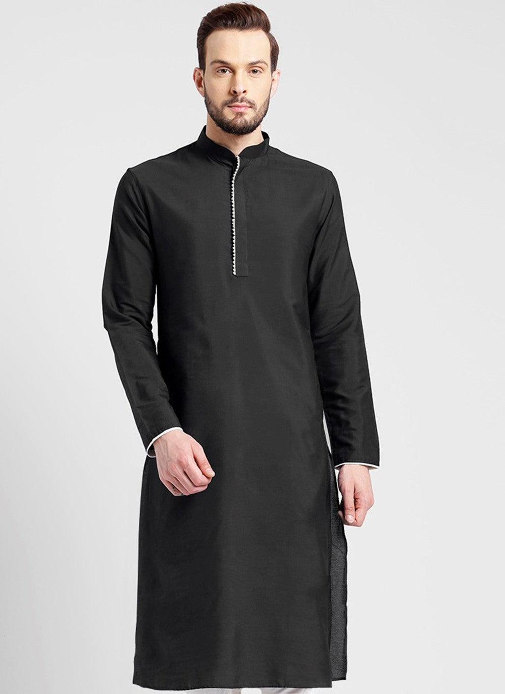Embroidered Dupion Silk Black Kurta - M2361