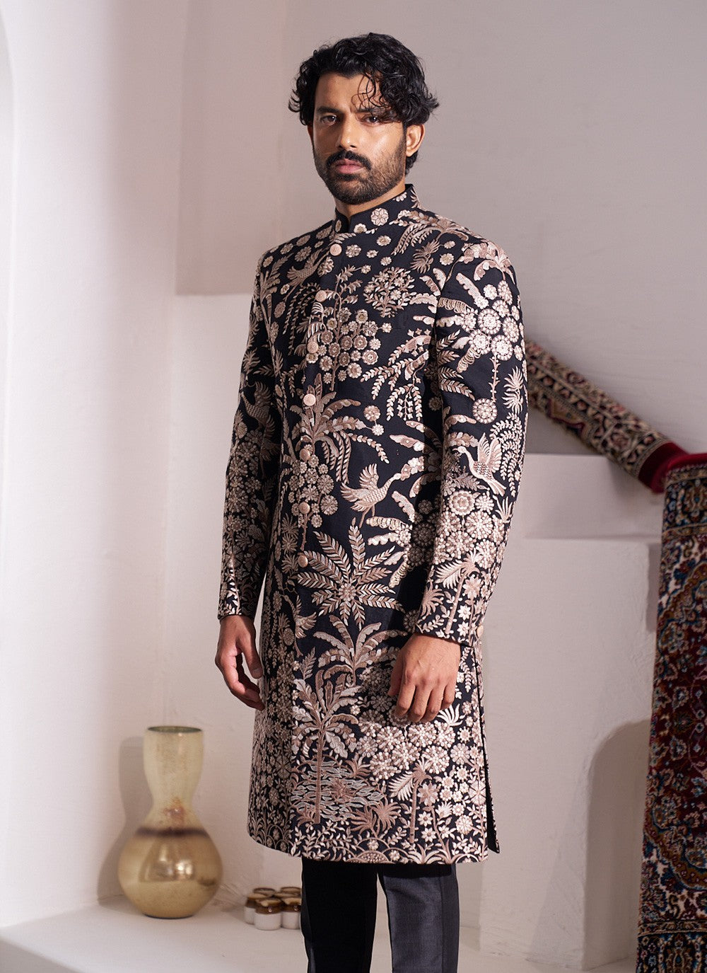 Embroidered Silk Black Sherwani - M8420