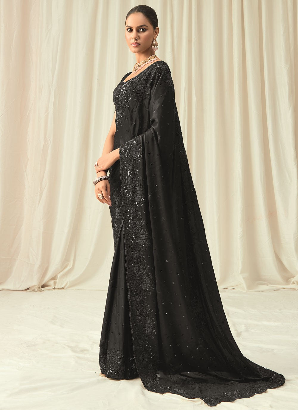 Black Satin Designer Saree Beads, Embroidered, Floral Printed, Sequins, Thread S18818