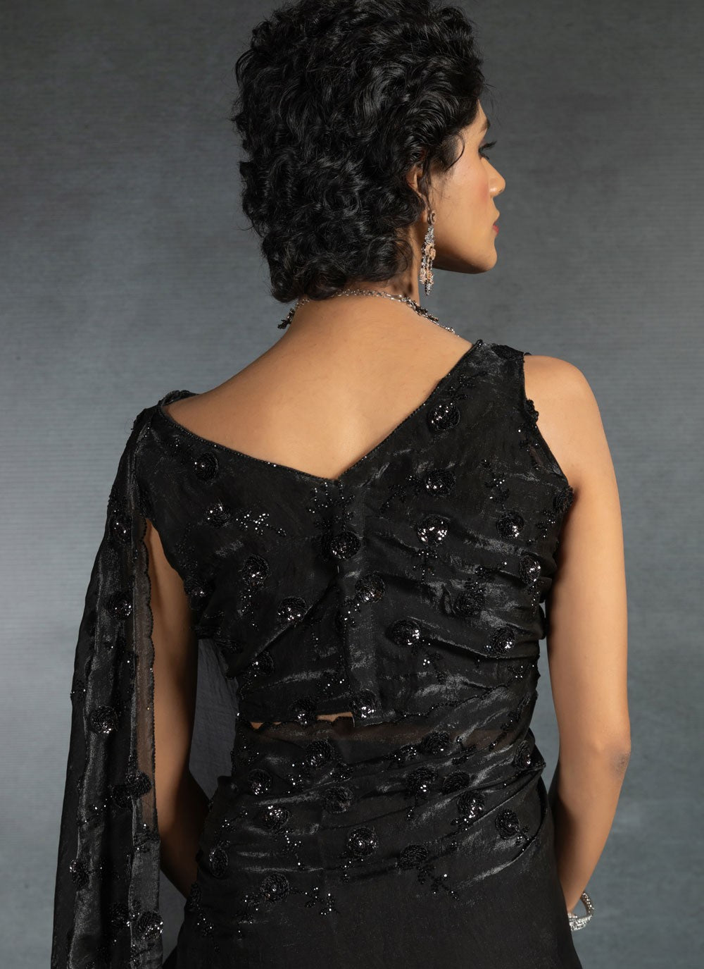 Cut Work Satin Silk Black Contemporary Saree S14878