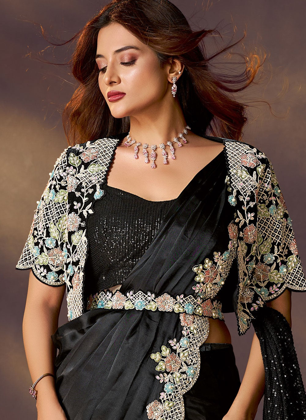 Black Satin Silk Traditional Saree Embroidered, Sequins S20481