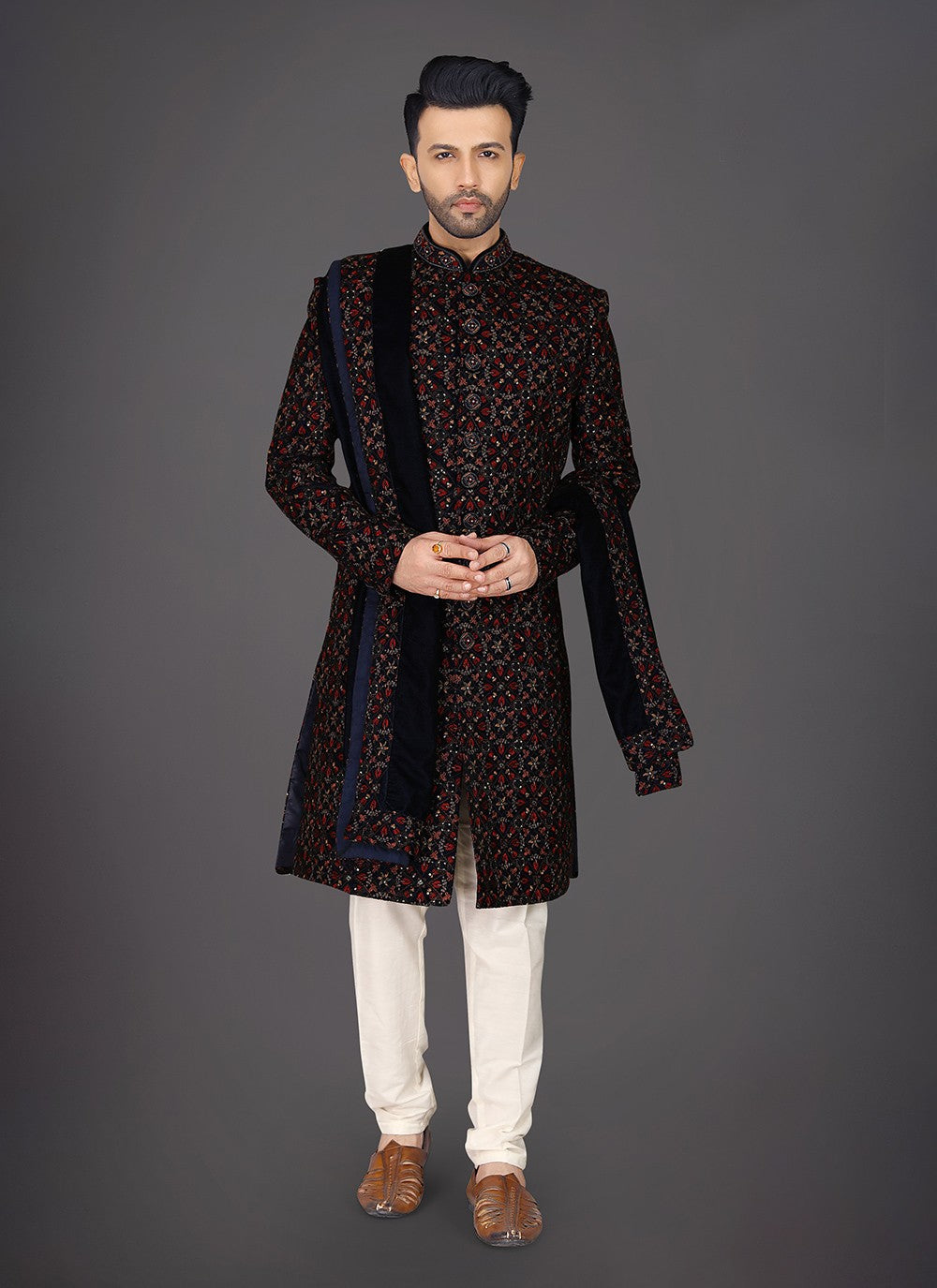 Embroidered Silk Black Sherwani - M7982