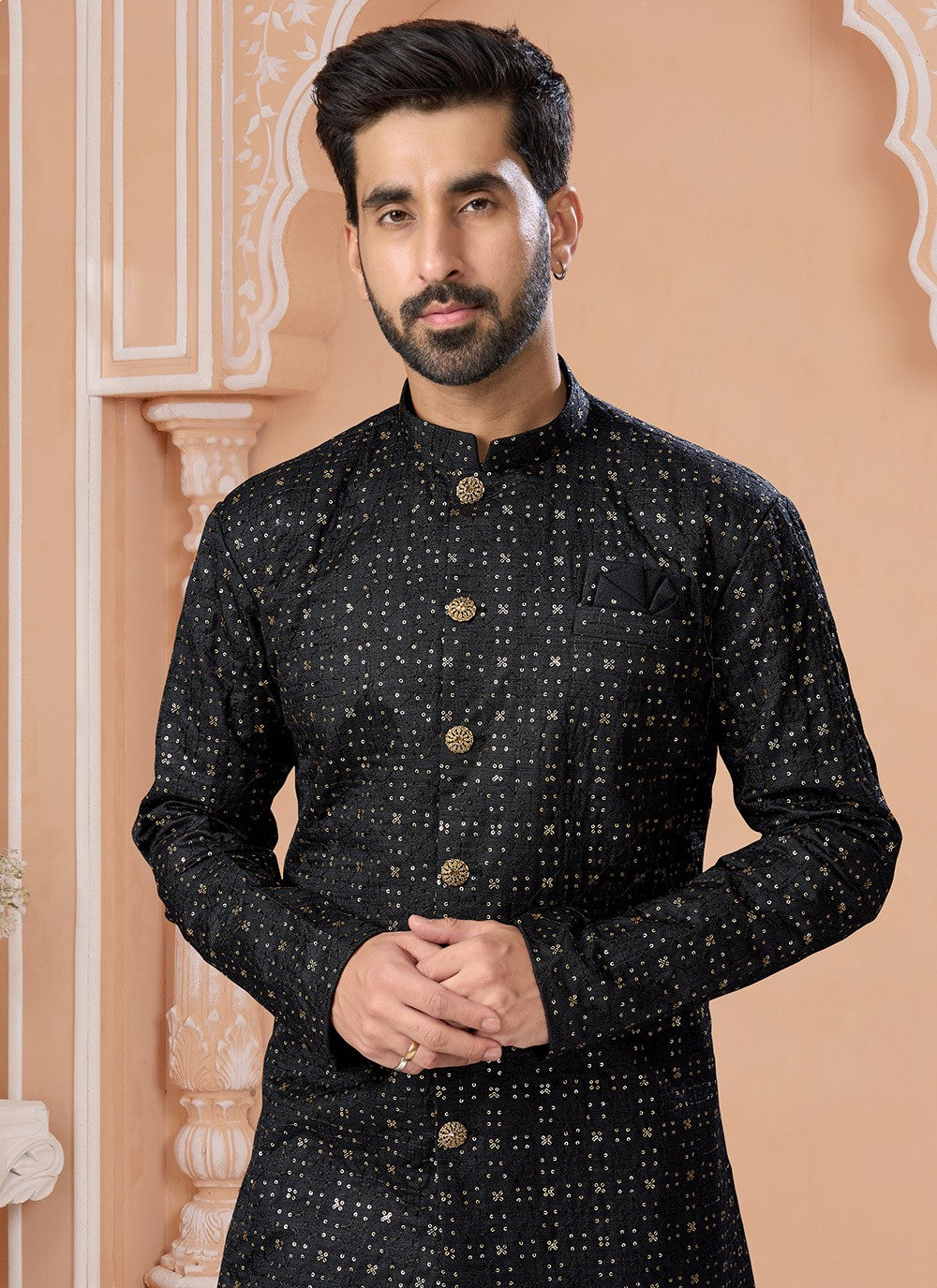 Sequins Silk Black Indo Western Sherwani - M6879
