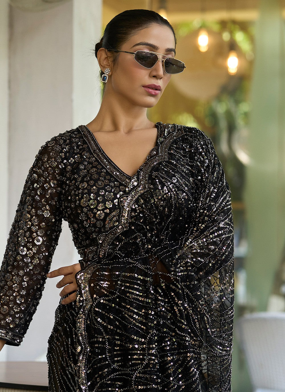 Black Silk Contemporary Saree Embroidered, Sequins S20140