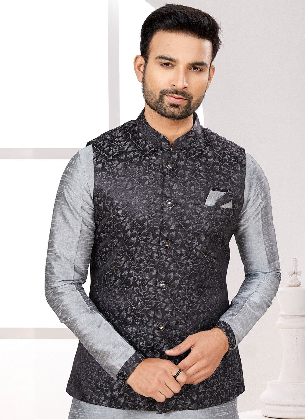 Thread Jacquard Black Kurta Payjama With Jacket - M6708