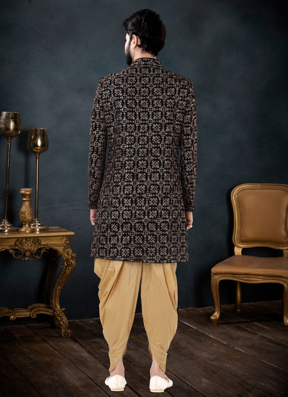 Embroidered Velvet Black Indo Western Sherwani - M4457