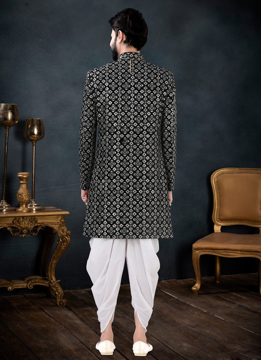 Embroidered Velvet Black Indo Western Sherwani - M4454