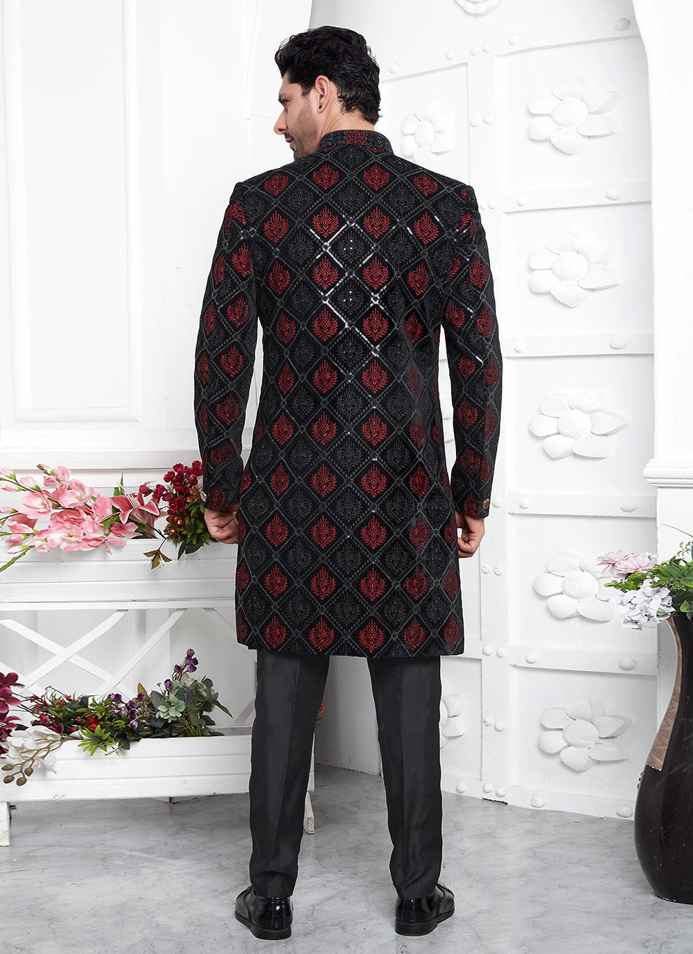 Machine Embroidery Silk, Velvet Black Sherwani - M8256