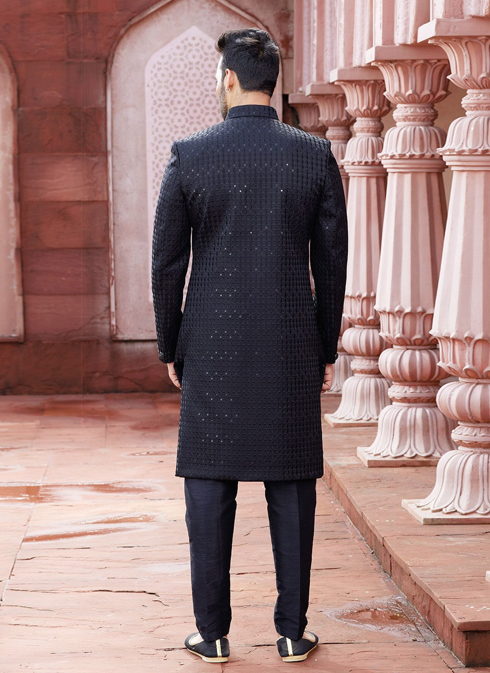 Fancy Work Art Silk Black Sherwani - M6148