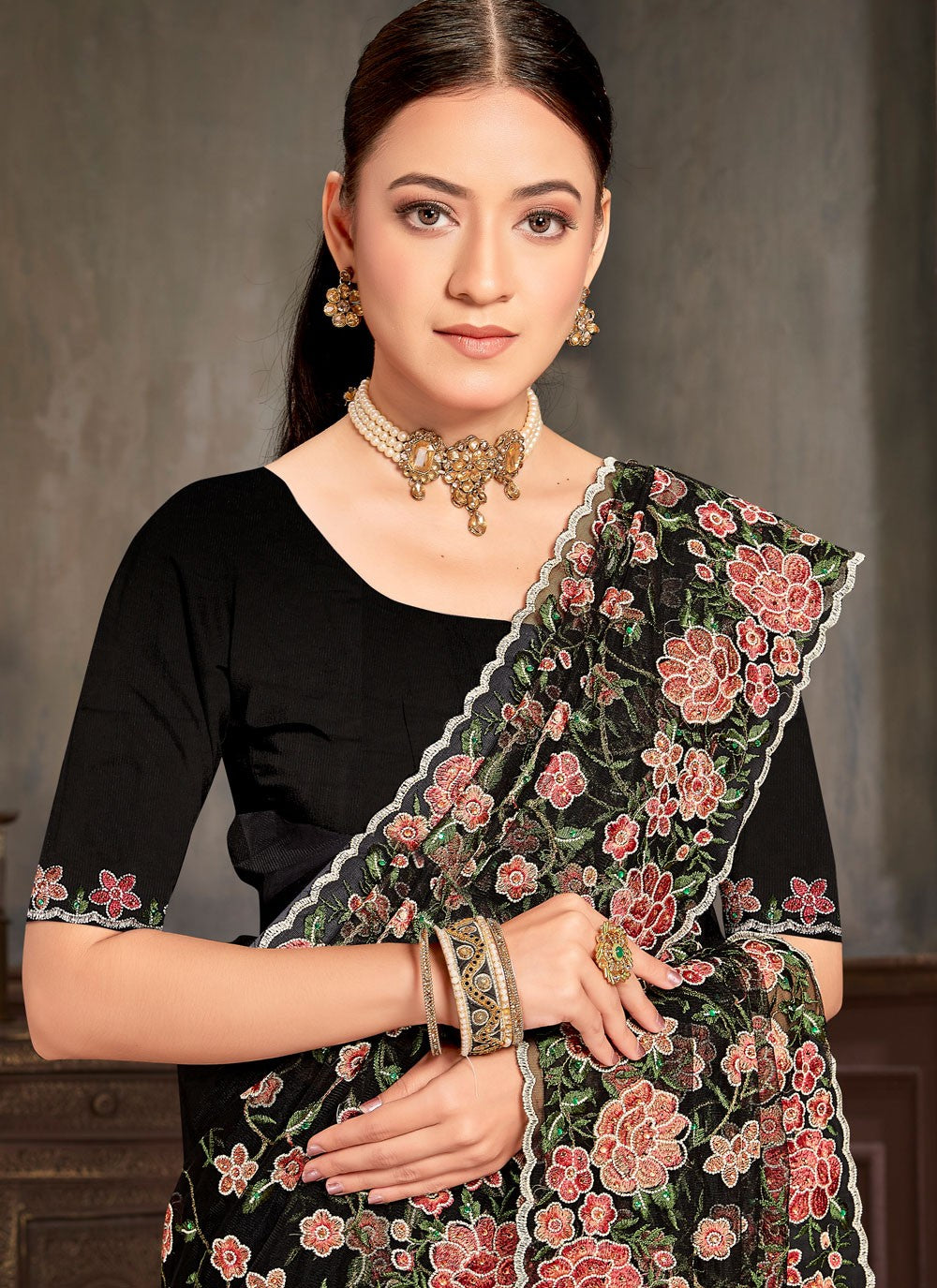 Embroidered Net Black Saree S14445