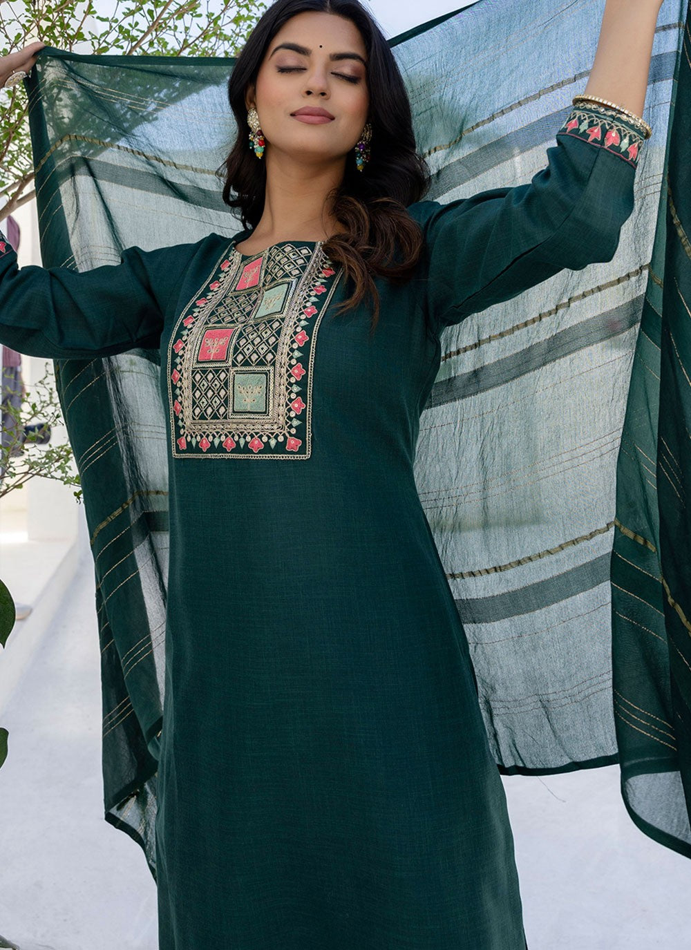 Pant Style Suit Embroidered Green T7689