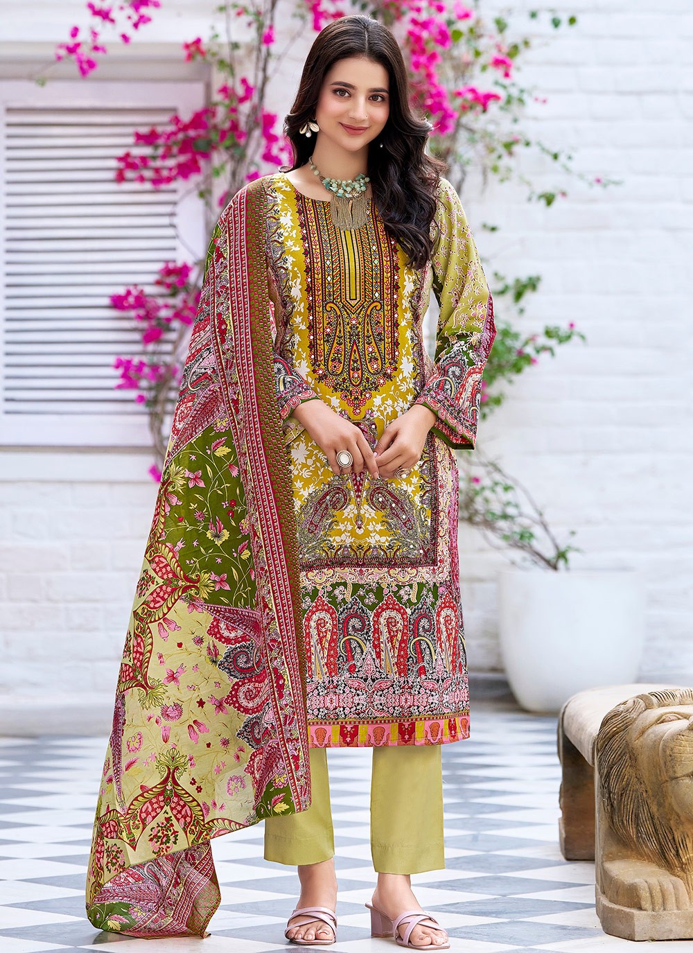 Pant Style Suit Printed Green T7392